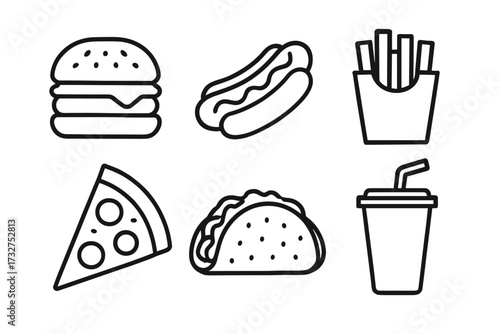 Outline drawings of popular fast food items including burger, hot dog, and pizza