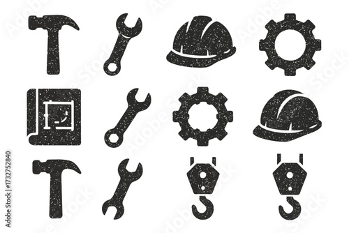 Construction tools and gear icons: hammer, wrench, hard hat, gear, blueprint, hook
