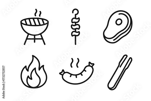 Bbq icons: grill, skewer, steak, fire, sausage, tongs in line art