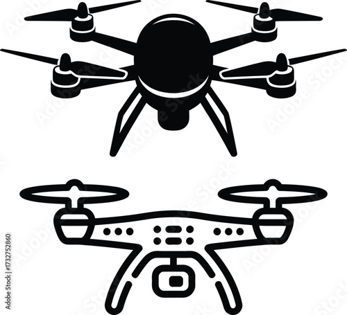 Two futuristic quadcopter drones iconography symbolizing aerial technology and modern aviation