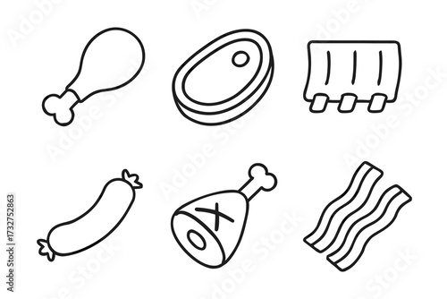 Outline icons of meat products including chicken, steak, ribs, sausage, ham, and bacon