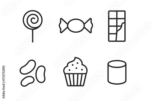 Outline icons of candy: lollipop, wrapped sweet, chocolate bar, jelly beans, cupcake, marshmallow