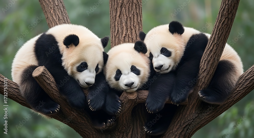 Obraz premium Three Pandas Relaxing in a Tree.