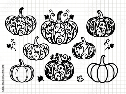 Decorative pumpkin silhouettes with swirls and ornamental patterns. Black vector clipart for fall, Halloween, Thanksgiving, autumn crafts, Cricut and Silhouette cutting projects.