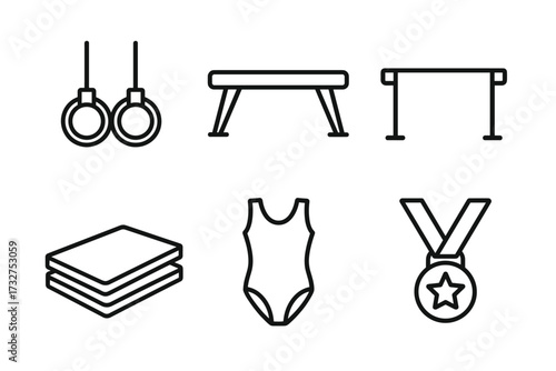 Gymnastics equipment icons: rings, beam, bars, mats, leotard, medal in black and white