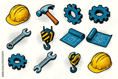 Colorful construction tools and blueprints collection