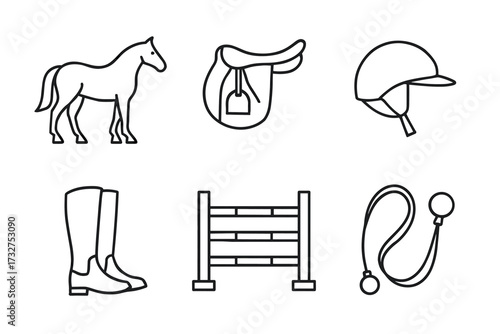 Equestrian equipment outline: horse, saddle, helmet, boots, jump, lunge line