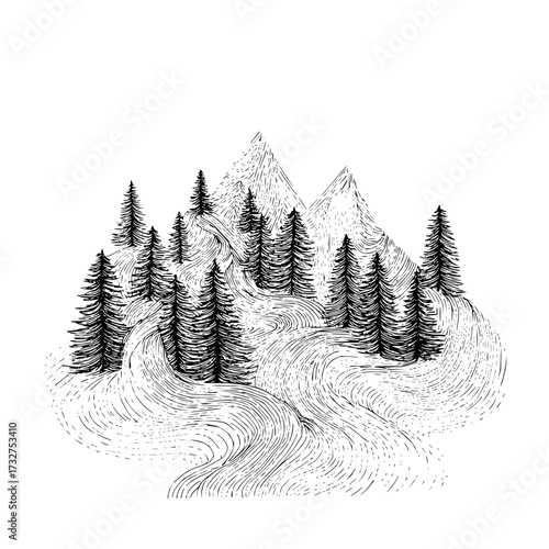 Hand drawn illustration of a mountain landscape with pine trees and a winding river design element