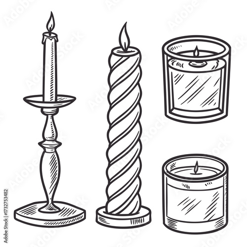 Hand-Drawn Candles Collection for Cozy Ambiance and Relaxing Atmosphere, Perfect for Home Decor and Spa Designs, Originally a Scalable Vector Graphic