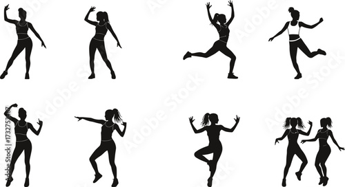 Silhouettes of female fitness dancers in dynamic poses, including aerobics, Zumba, and hip-hop, perfect for health, studio, and workout themes
