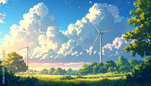 Fototapeta Naklejka Na Ścianę i Meble -  A scenic anime-style depiction of a sunny meadow with fluffy clouds, wind turbines, and vibrant green trees