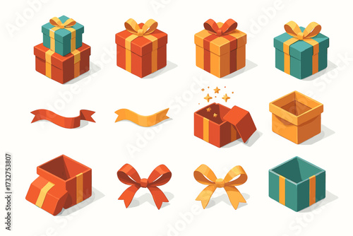 Colorful gift boxes and ribbons in various shapes and sizes