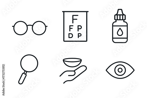 Vision care icons: glasses, eye chart, eye drops, magnifying glass, contact lens, eye