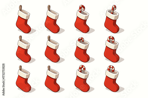 Festive red christmas stockings with candy cane on white background