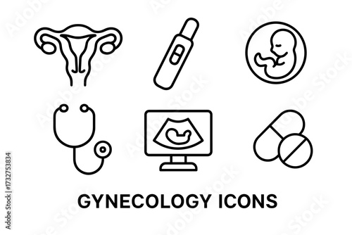 Gynecology icons: uterus, pregnancy test, fetus, stethoscope, ultrasound, medicine