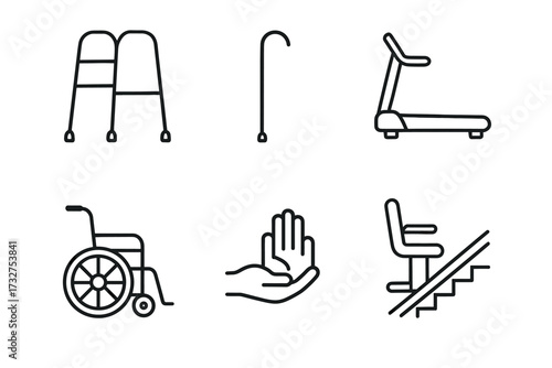 Assistive devices icons: walker, cane, treadmill, wheelchair, handrail, stairlift