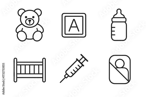 Set of baby essentials: teddy bear, block, bottle, crib, syringe, no children sign