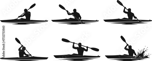 Silhouettes of Kayakers and Paddlers, Vector Illustrations of Men in Kayaks Paddling Through Water, for Sports and Outdoor Activities