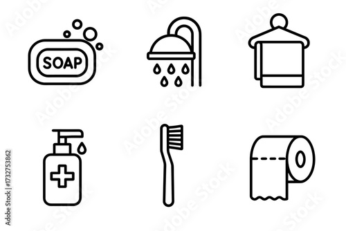 Simple hygiene icons: soap, shower, towel, sanitizer, toothbrush, toilet paper