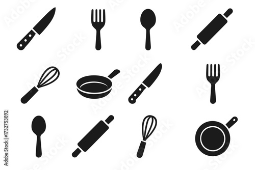 Silhouette kitchen utensils: knife, fork, spoon, whisk, pan, rolling pin icons