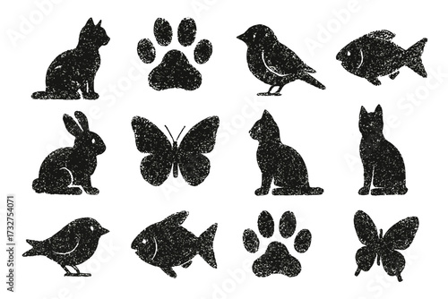 Silhouette collection of animals: cats, birds, fish, rabbit, paw, and butterfly