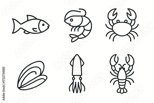 Outline icons of seafood: fish, shrimp, crab, mussel, squid, lobster