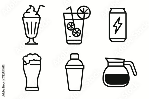 Set of six beverage icons: milkshake, cocktail, energy drink, beer, shaker, coffee pot