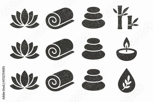 Zen illustration: lotus, stones, bamboo, candle, and towel silhouettes