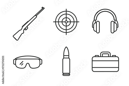 Set of shooting icons: rifle, target, headphones, goggles, bullet, case