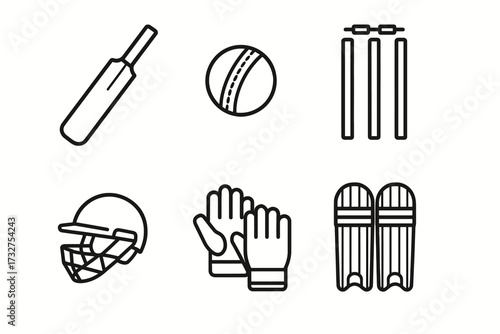 Cricket equipment icons set featuring bat, ball, stumps, helmet, gloves, and pads