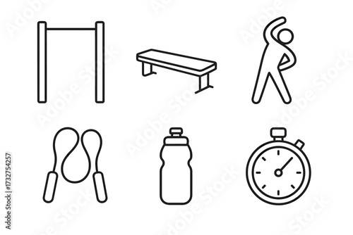 Fitness equipment icons: jump rope, stopwatch, water bottle, workout bench, exercise bar, stretching figure