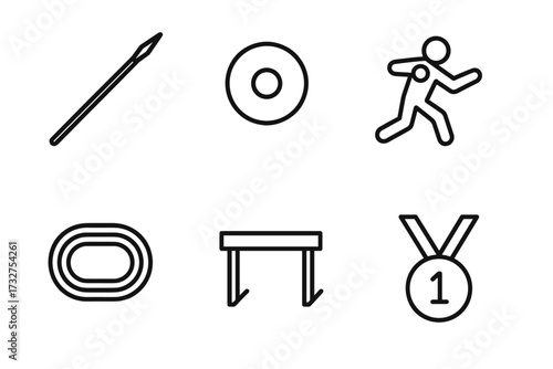 Athletics icons set: javelin, discus, runner, track, hurdles, medal