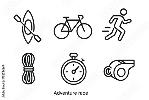 Adventure race icons: kayak, bike, running, rope, stopwatch, whistle