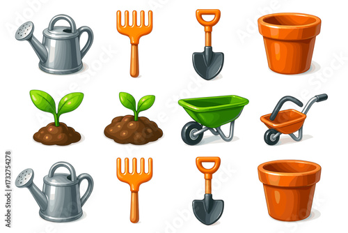 Gardening tools and plants: watering can, rake, shovel, pot, seedlings, wheelbarrow