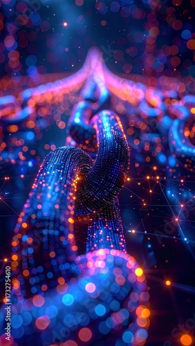 Abstract Digital Network Flow with Glowing Particles and Futuristic Cityscape.
