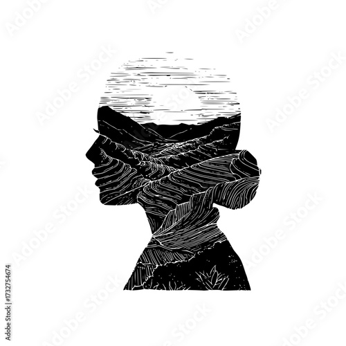 Silhouette of a woman with a landscape inside her head and a bun in black and white drawing