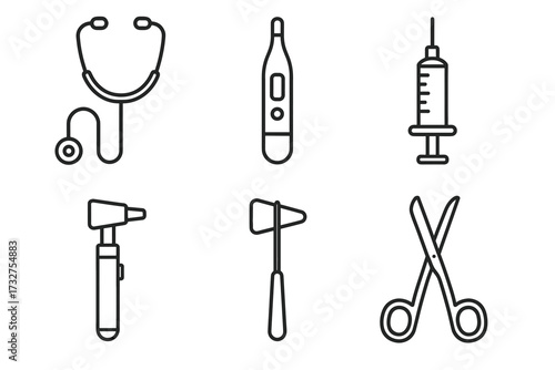 Medical tools icons: stethoscope, thermometer, syringe, otoscope, reflex hammer, scissors