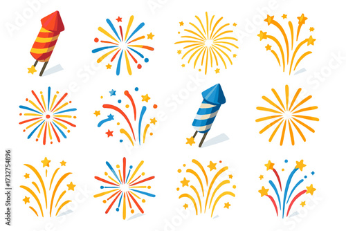 Colorful festive fireworks collection with red and blue rockets on white background