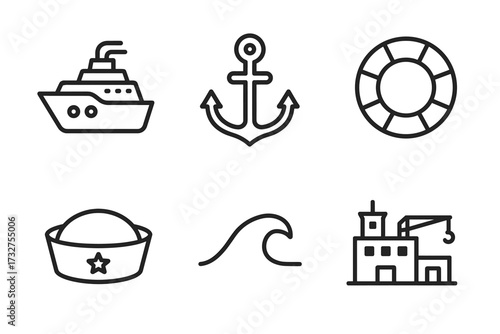 Nautical symbols set: ship, anchor, lifebuoy, sailor hat, wave, dock building