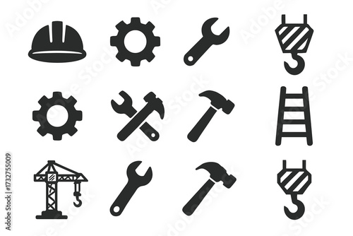 Construction tool icons: gear, wrench, hammer, ladder, crane hook