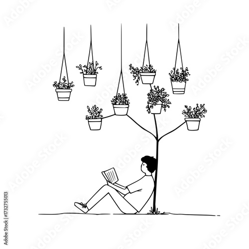 Person reading a book under a tree with hanging plants in pots in a minimalist line art style image
