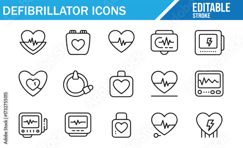 Defibrillator and AED Outline Icons – Editable Stroke Vector Set for Medical UI/UX