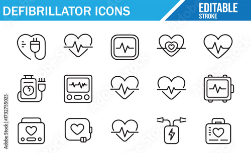 Defibrillator Icons Set – Editable Stroke Outline Vector Pack of AED, heart monitor, CPR, shock, ECG, emergency, lifesaving, cardiac resuscitation symbols for medical apps, UI/UX, hospital equipment