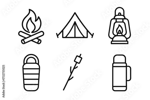 Camping essentials: fire, tent, lantern, sleeping bag, marshmallow, thermos