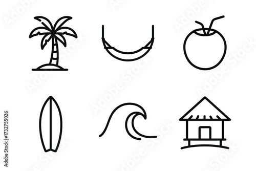Tropical beach icons: palm, hammock, coconut, surfboard, wave, hut