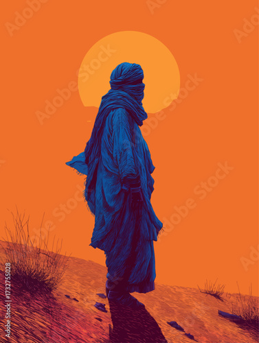 Touareg traveler in vivid blue robe standing against orange sahara desert sunset minimal vector illustration background.