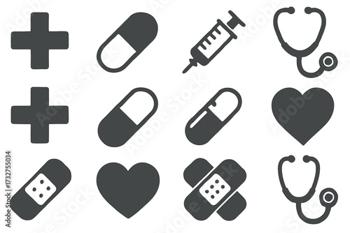 Medical symbols: pills, syringe, bandages, stethoscope, hearts, cross icons collection