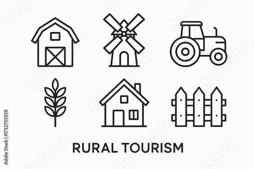 Rural tourism icons: barn, windmill, tractor, wheat, house, fence