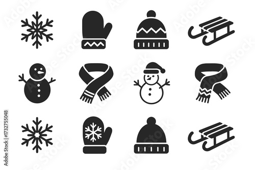 Winter icon set: snowflakes, mittens, hats, sleds, snowmen, scarves