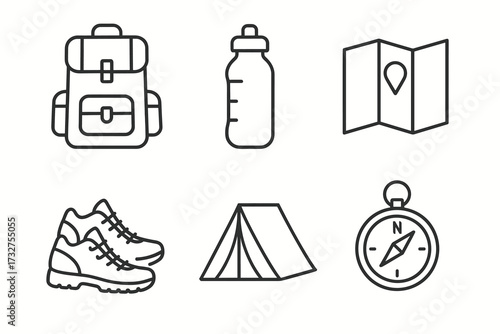 Essential hiking gear icons: backpack, water bottle, map, boots, tent, compass